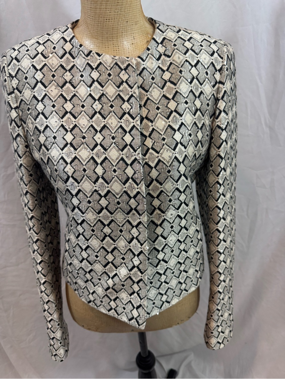 St Emile Geometric Textured Jacket in Black, Cream & Tan 6